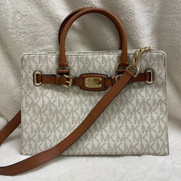 NWT Gorgeous Michael Kors Hamilton Cream w/Leather Brown Trim Lg Tote - Picture 1 of 13